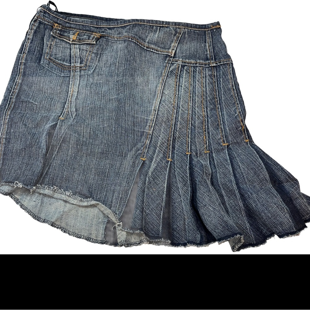 Y2K FUNKY JEAN mini SKIRT PUNK Asymmetrical PLEATED Denim Raw Hem Faded size 13